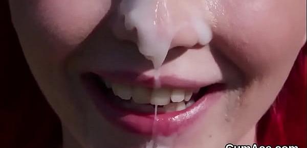  Feisty honey gets jizz load on her face sucking all the charge